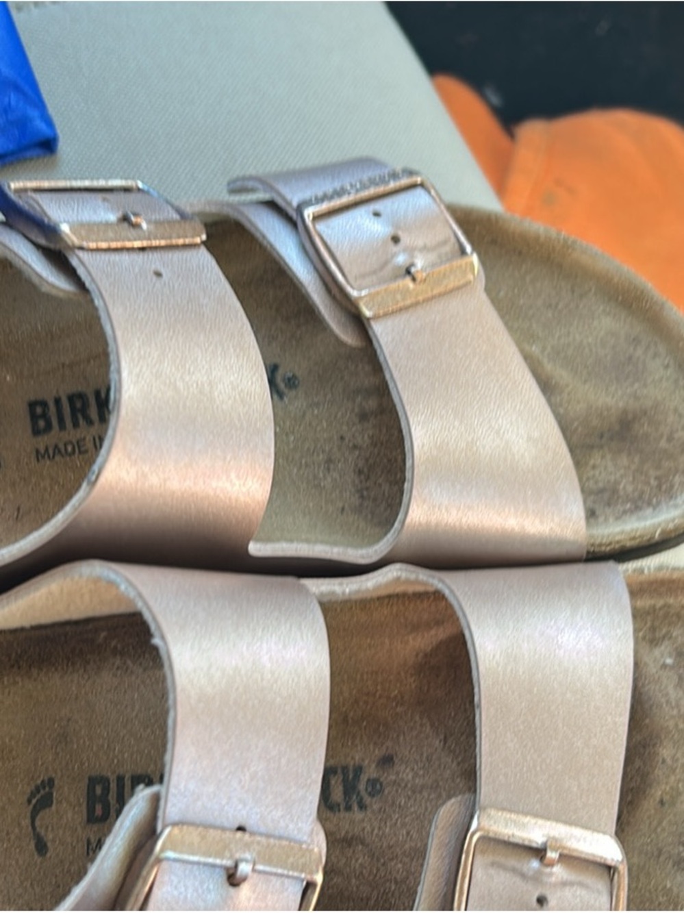 Birkenstock Metallic Rose Gold Two-Strap Sandals